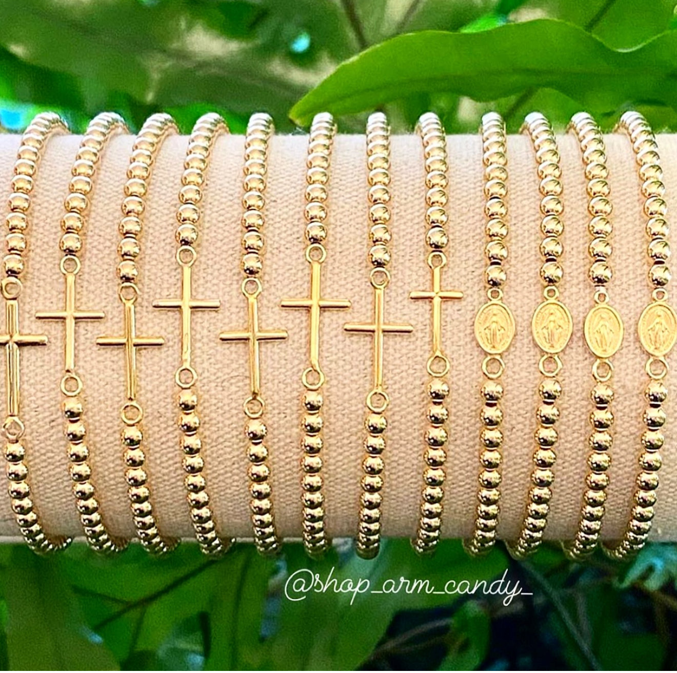 14k gold detail Mother Mary on gold filled ball bracelet.