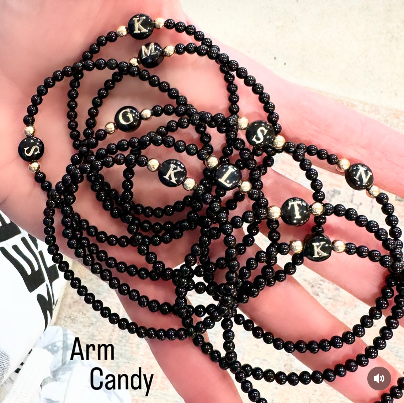 Black onyx stretch bracelet with black shell & gold font initial bracelet (1 bracelet)