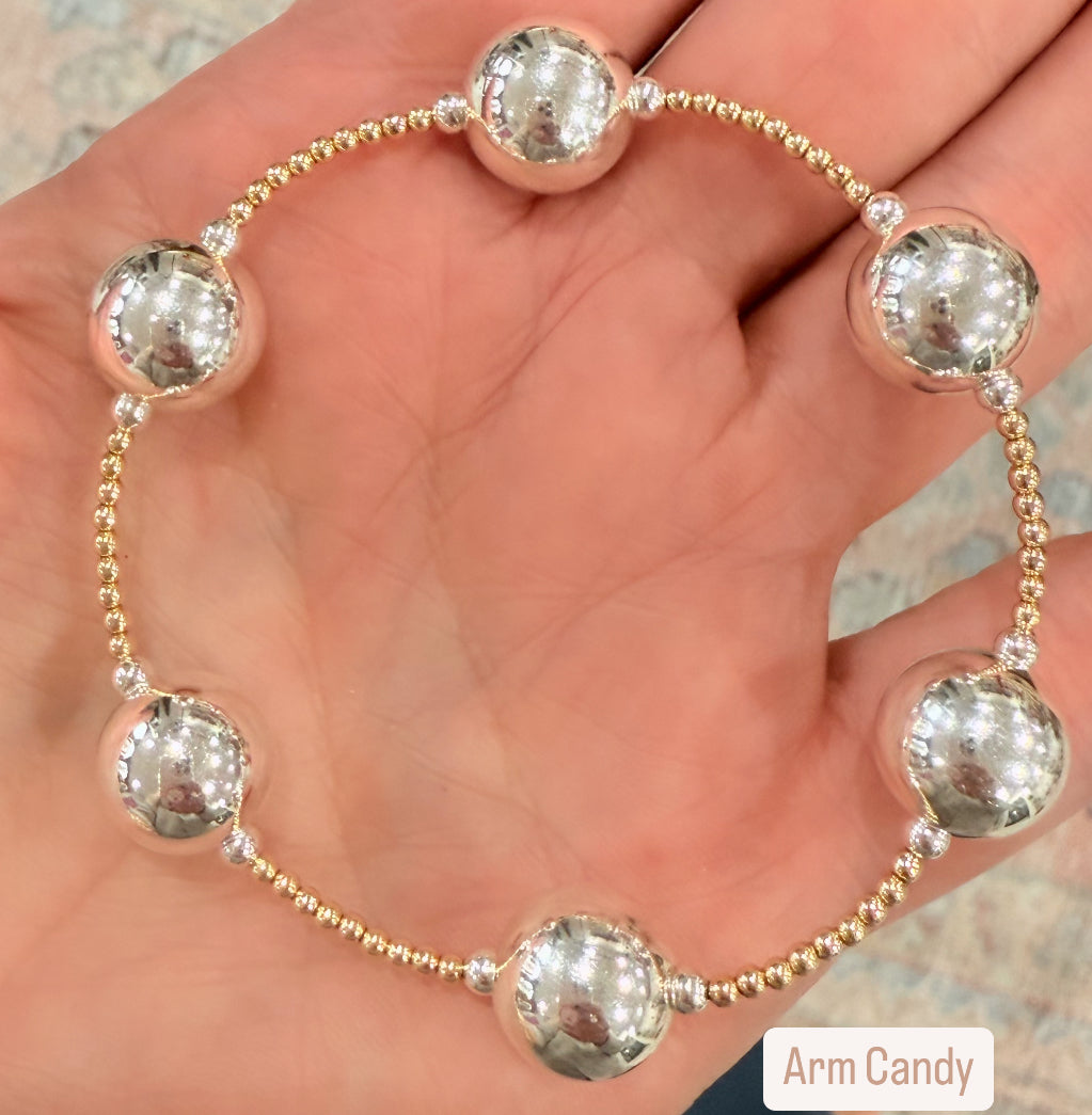 Two tone large Ferris wheel • sterling & gold filled beaded stretch bracelet