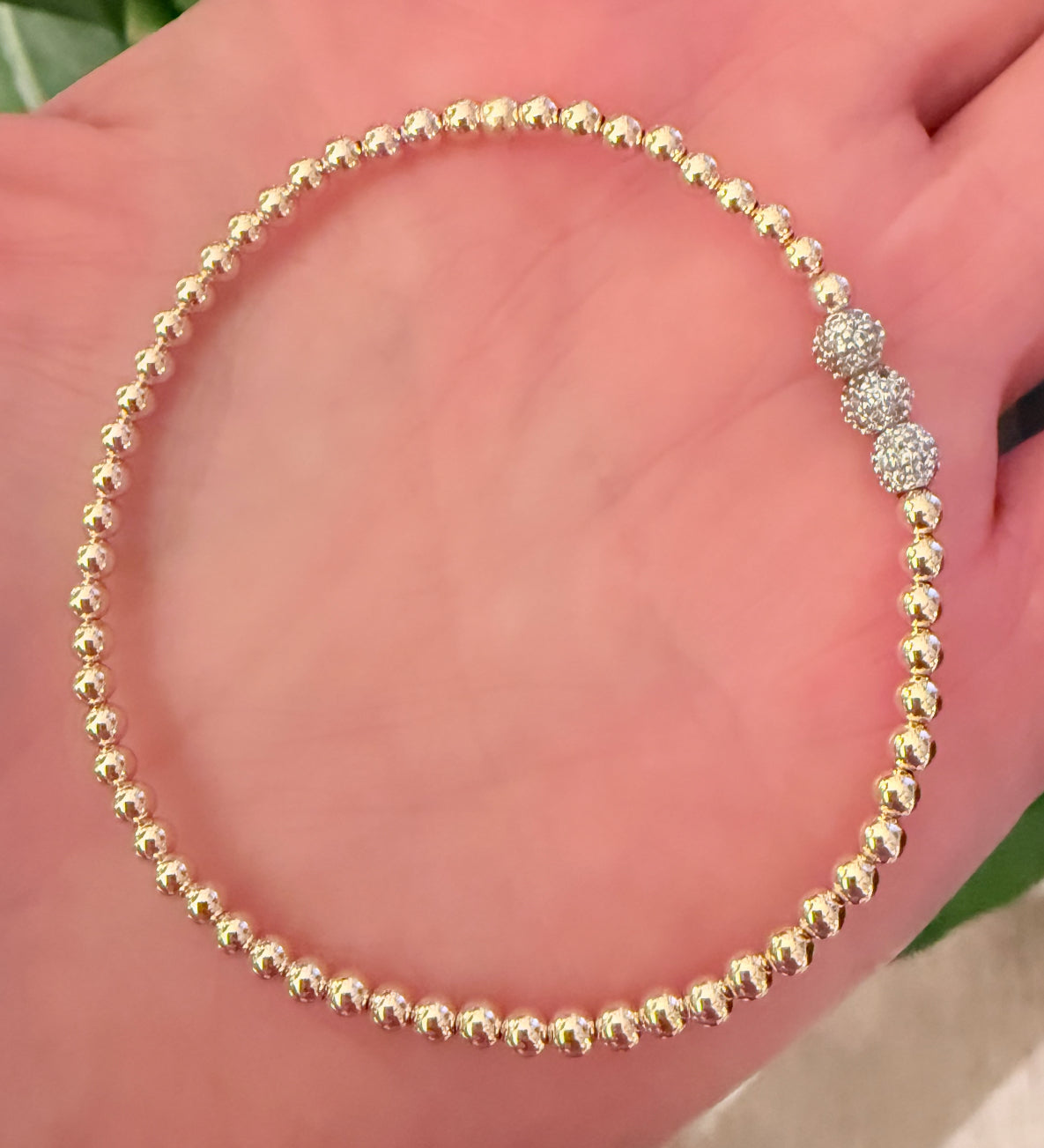 Triple threat, disco ball on 3mm gold filled ball stretch bracelet