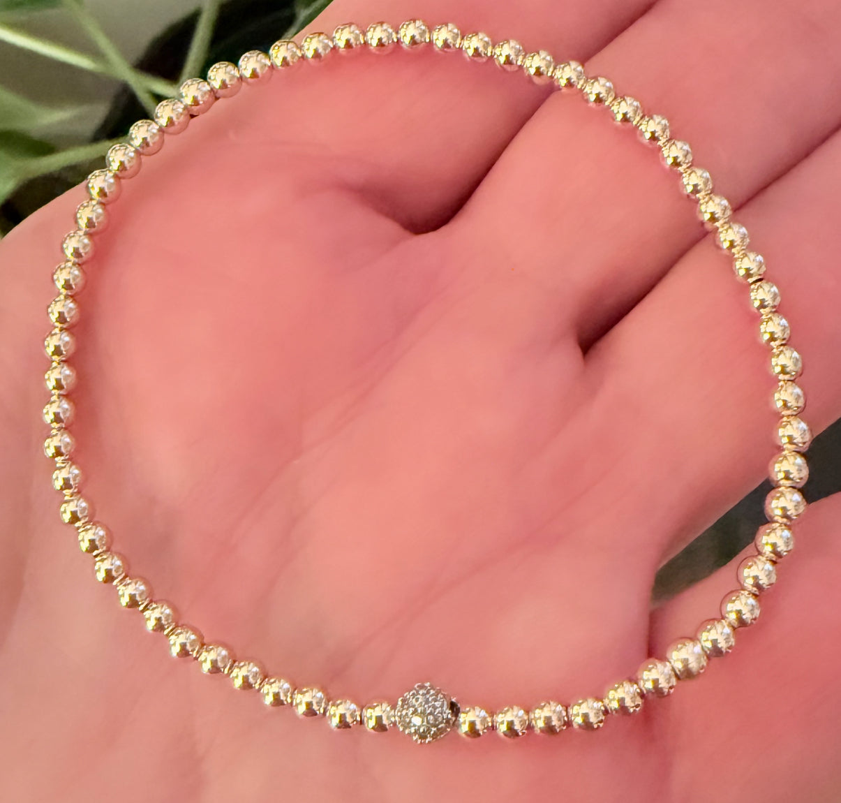 Single disco ball, 3mm gold filled ball, stretch bracelet