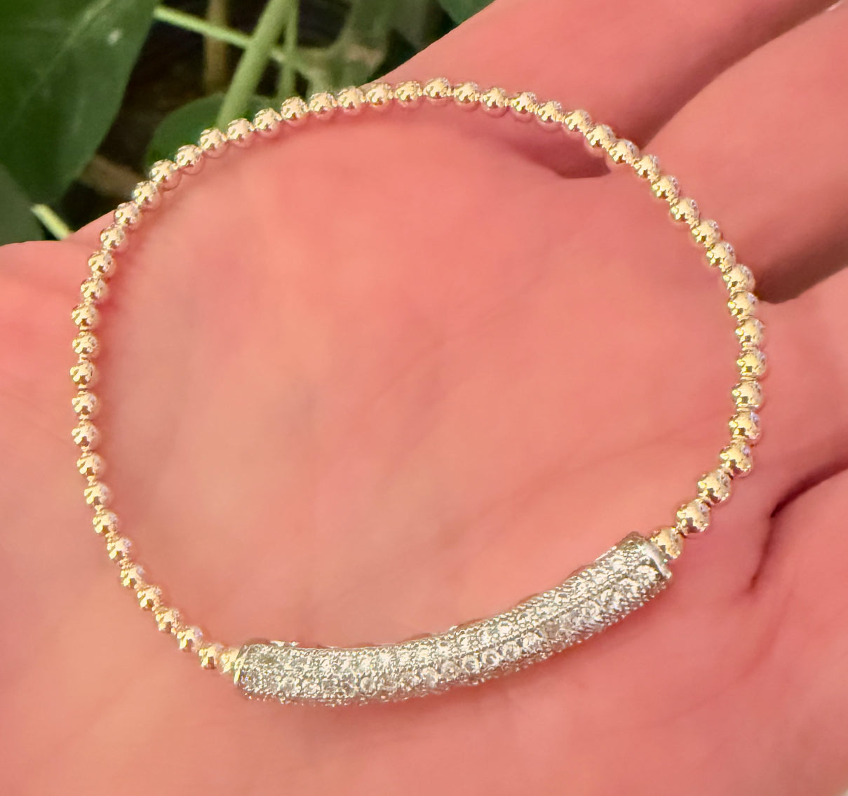 Silver sparkle bar on 3mm gold filled ball stretch bracelet