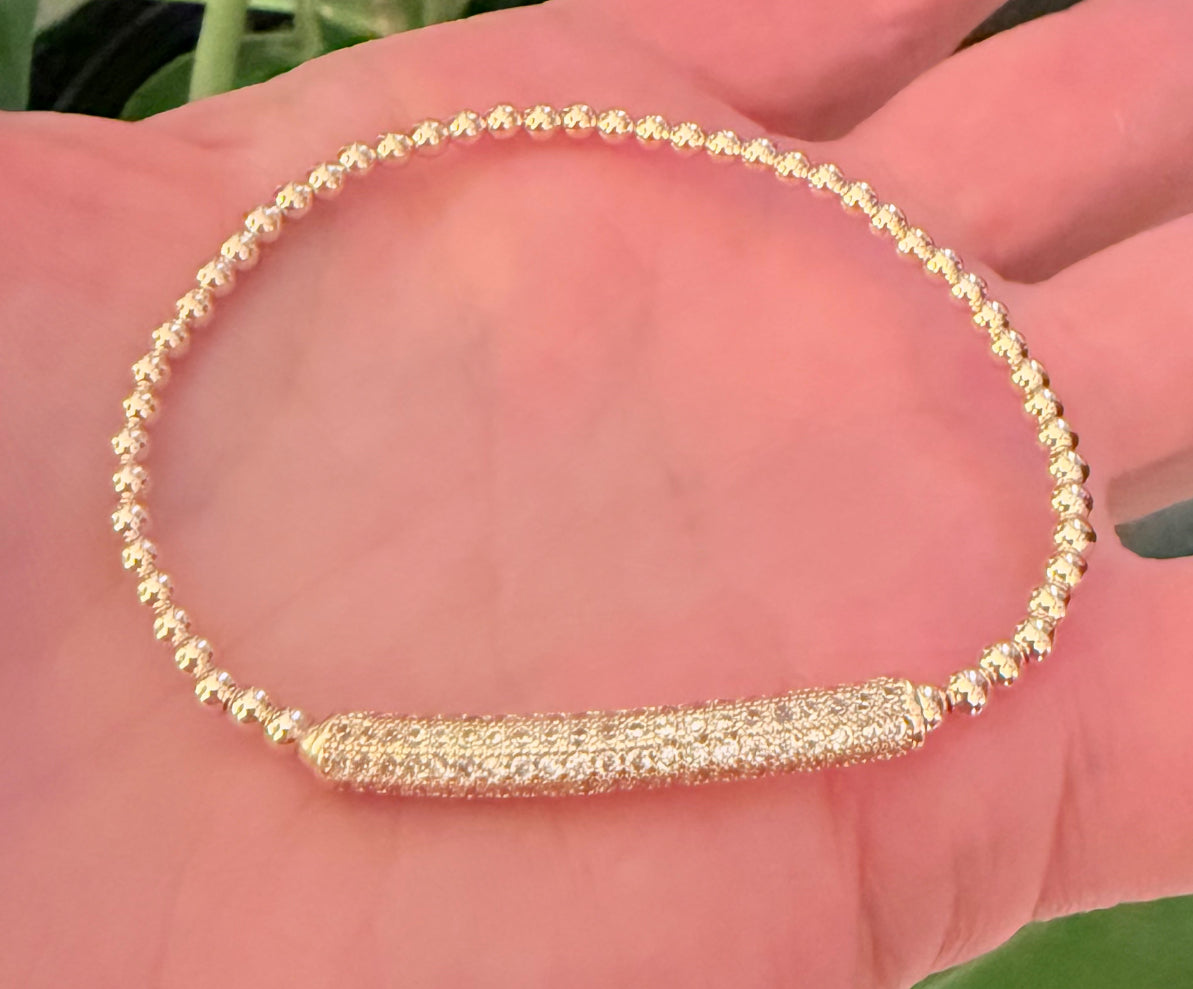 Gold sparkle bar on 3mm gold filled ball stretch bracelet