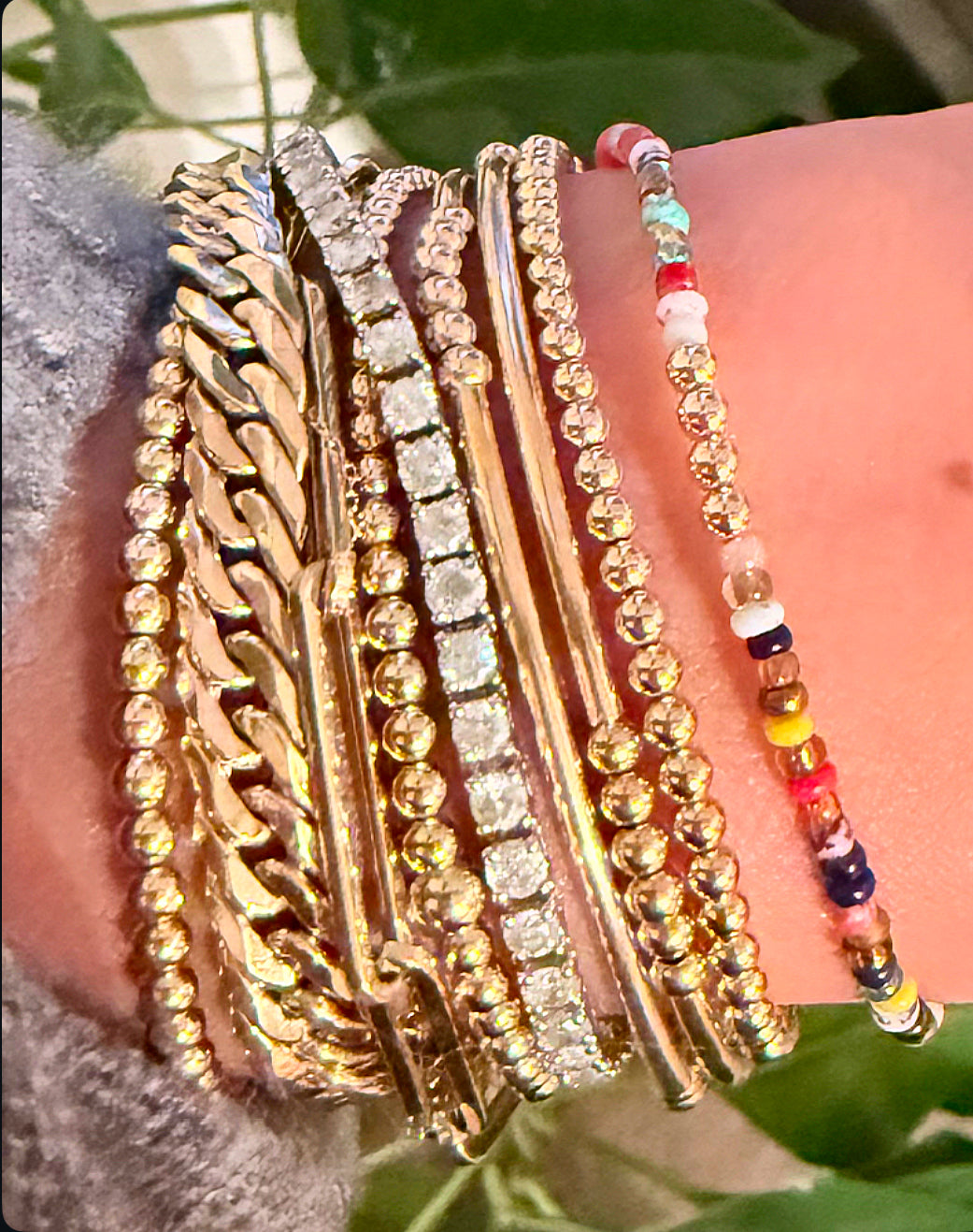 Multi color wildcard seed bead stretch bracelet with gold filled random accents