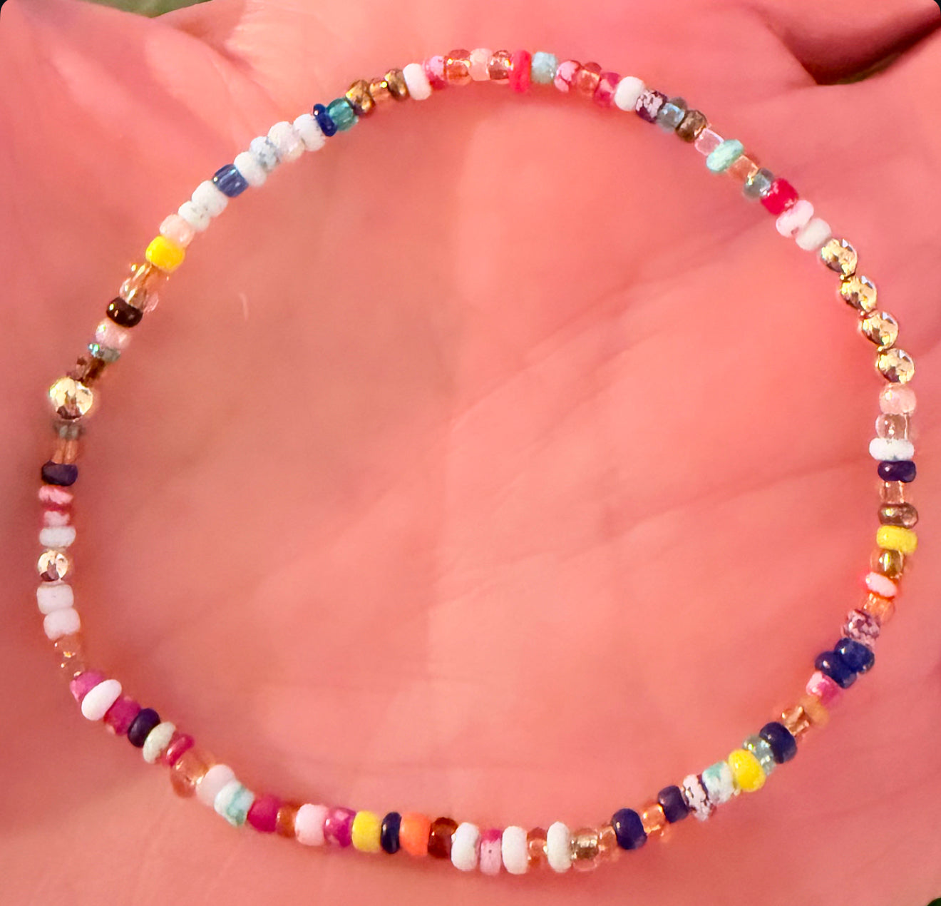Multi color wildcard seed bead stretch bracelet with gold filled random accents
