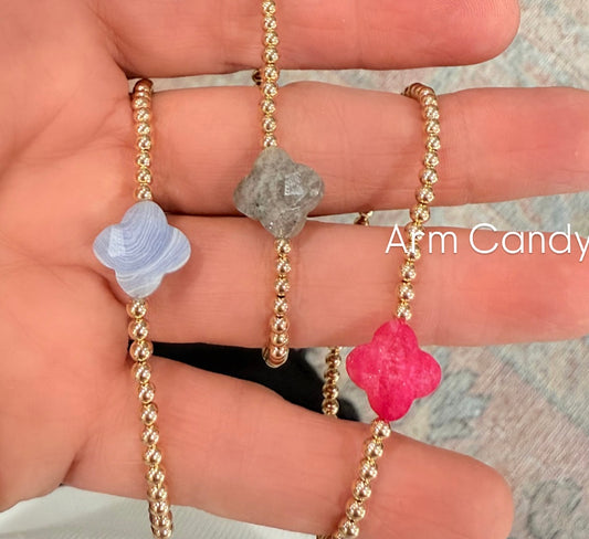 Blue quartz stone clover beaded stretch bracelet